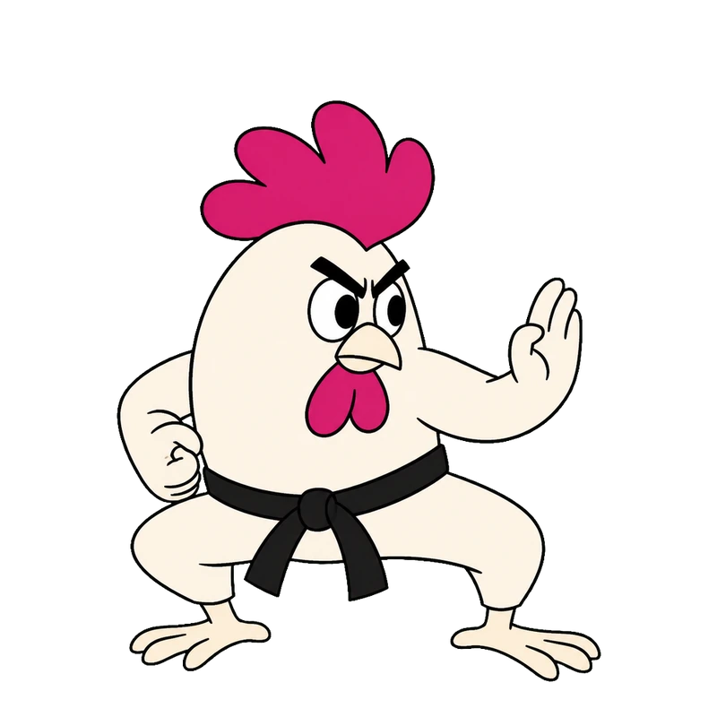 Brick, a rooster in a black karate belt, squaring up