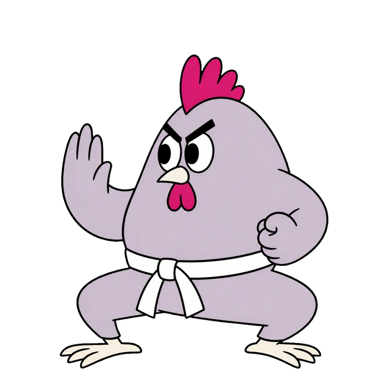 Scratch, a rooster in a white karate belt, unimpressed